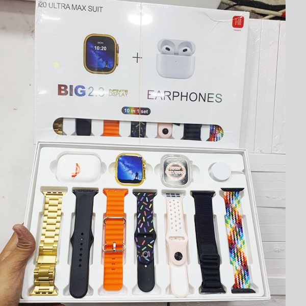 I20 Ultra Max With AirPods Bonus |10 in 1 Smartwatch Bundle 2.3 Inch Large Screen 10 Straps